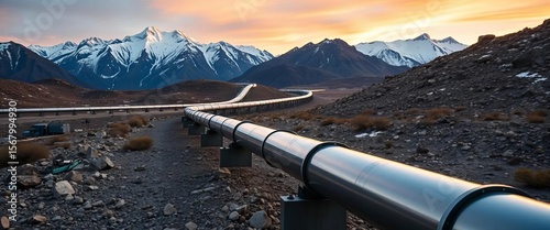 Steel LNG pipeline traversing rugged terrain, snow-capped mountains in background,  transport,  natural gas pipeline