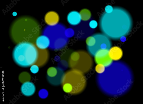 Colorful blurred circles with smooth glow and layered transparency on black background. Random soft shapes form festive abstract depth with no symmetry or focal point.