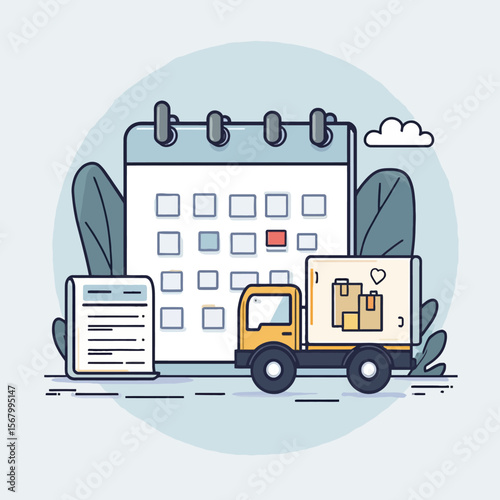 Scheduled delivery:  A yellow truck carrying packages is shown alongside a calendar highlighting a delivery date, emphasizing timely shipment.