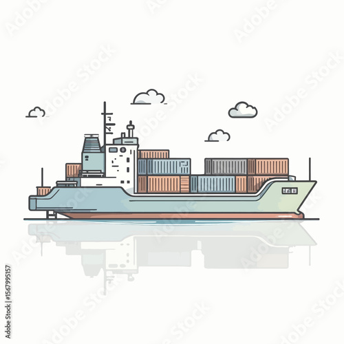 A container ship sails calmly on a tranquil sea, its cargo containers neatly stacked, reflecting in the water below.