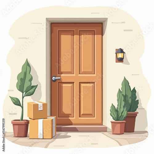 A wooden door with packages and potted plants on the porch, illuminated by a wall-mounted lamp.