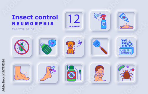Insect control set icon. Repellent, antihistamines, sprays, bites, irritation, insect bites, allergy, dog protection, electric trap, pest treatment, skin reaction, itch, danger, prevention.