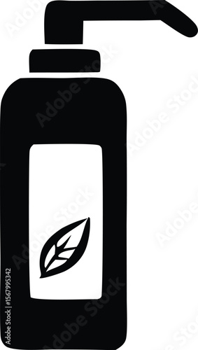 A black silhouette of a pump dispenser bottle featuring a white label with a simple green leaf icon symbolizing natural ingredients