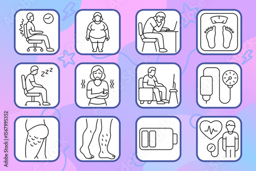 Sedentary lifestyle set icon. Back pain, obesity, screen fatigue, weight gain, blood pressure, swelling, weak legs, TV watching, fatigue.