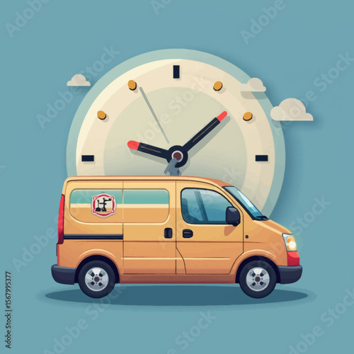 A yellow delivery van is parked in front of a large clock, indicating timely service.