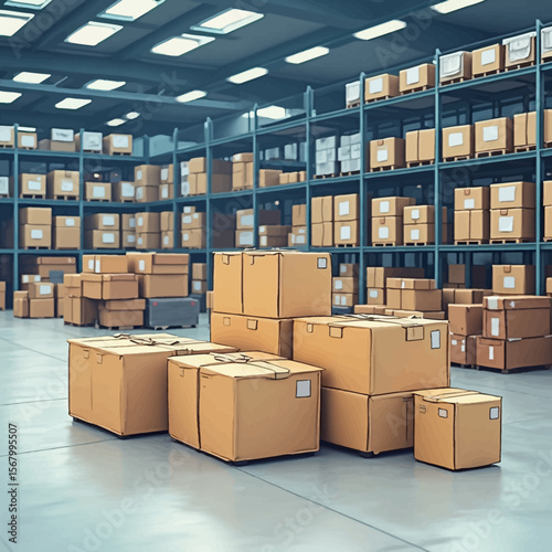Large warehouse interior filled with stacked cardboard boxes on shelves and on the floor.