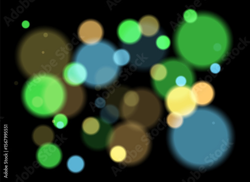 Colorful blurred circles with smooth glow and layered transparency on black background. Random soft shapes form festive abstract depth with no symmetry or focal point.