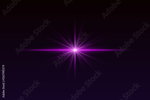 Purple starburst light with sharp rays and glow effect. Radiating flare creates elegant highlight for spotlight, flash, or sparkle visuals.