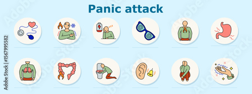 Panic attack set icon. Shows stethoscope, chest fire, tired person, dizziness glasses, heartburn, stomach pain, lungs, inflamed intestine, vomiting, ear ringing, crouched posture, trembling hand