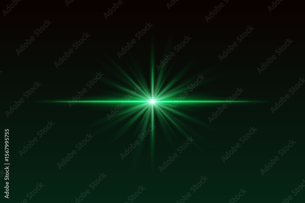 Obraz premium Green starburst light with sharp rays and glow effect. Radiating flare creates elegant highlight for spotlight, flash, or sparkle visuals.