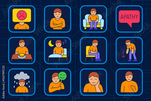 Depression set icon. Sad face, crossed arms, loneliness, apathy bubble, appetite loss, insomnia, sitting at night, isolation, energy drop, fake smile, emotional numbness, heartache.