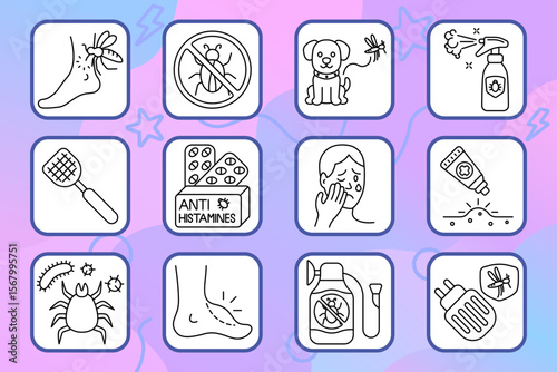 Insect control set icon. Bug bite, repellent spray, pet protection, antihistamine pills, rash, itch cream, insect killer, skin allergy, electric trap, swelling, redness, irritation.
