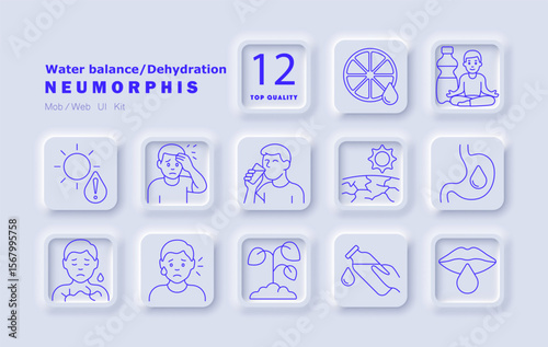 Water balance set icon. Dehydration symptoms, dry skin, sweating, thirst, heatstroke, digestion, water intake, nutrition, dry soil, lips, meditation, hydration, plants, fatigue.