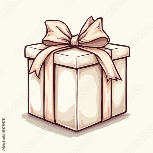 Illustration of a square gift box tied with a ribbon and bow, casting a shadow on a plain background.