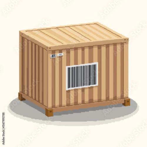 Cartoon illustration of a corrugated metal shipping container with a barred window, resting on wooden supports.