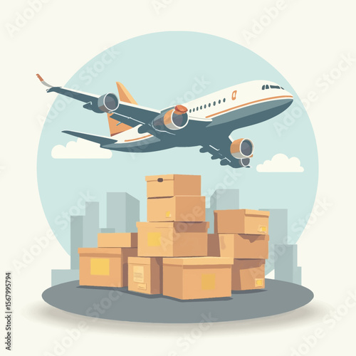An airplane flies over a stack of cardboard boxes in front of a city skyline, representing global shipping.
