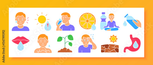 Dehydration and hydration set icon. Dry lips, plants, sweating, water bottles, drinking, hot sun, citrus, yoga, cracked skin, fatigue, and body discomfort under heat or fluid loss.