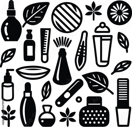 Collection of black and white icons representing skincare products natural ingredients and beauty tools for a clean and organic aesthetic