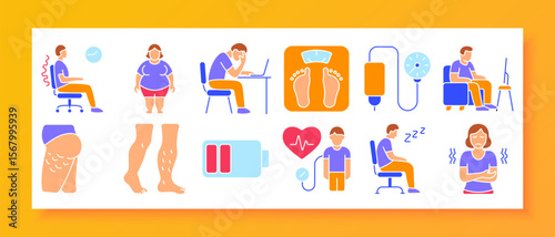 Sedentary lifestyle set icon. Sitting posture, fatigue, obesity, foot scale, blood bag, poor circulation, cellulite, low energy, sleepiness, and discomfort in office or home setting.