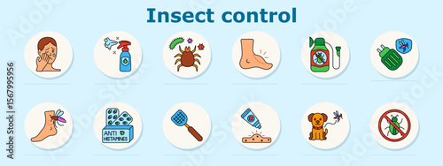Insect control set icon. Displays bite reaction, repellents, tick, itchy foot, insecticide, plug-in repeller, mosquito bite, antihistamines, swatter, ointment, pet with bug, no bugs sign