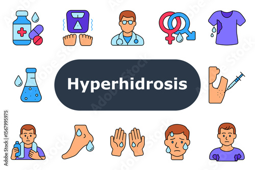 Hyperhidrosis set icon. Sweat medicine, shaking scale, doctor, hormones, wet shirt, lab beaker, injection, hydration, sweating feet, wet hands, facial sweat, armpit, anxious expression.