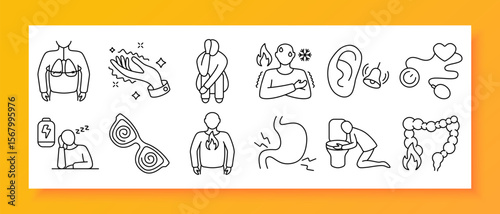 Digestive health set icon. Thin line icons with stomach pain, nausea, vomiting, colon burning, tiredness, dizziness, heartburn, bloating, stool, ear pain, and body outline symptoms