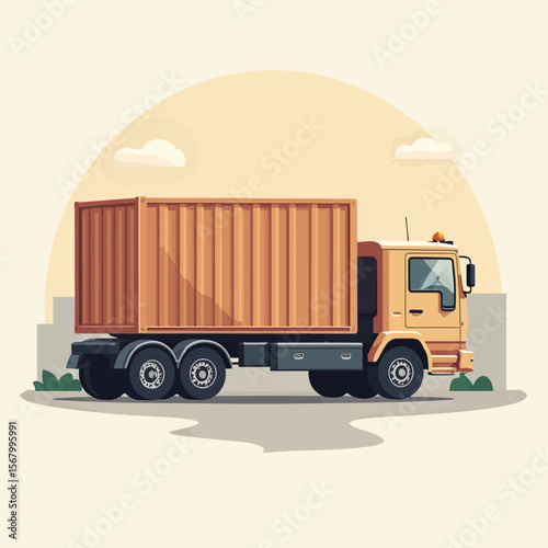 A large cargo truck, carrying a shipping container, drives along a city street at sunset.