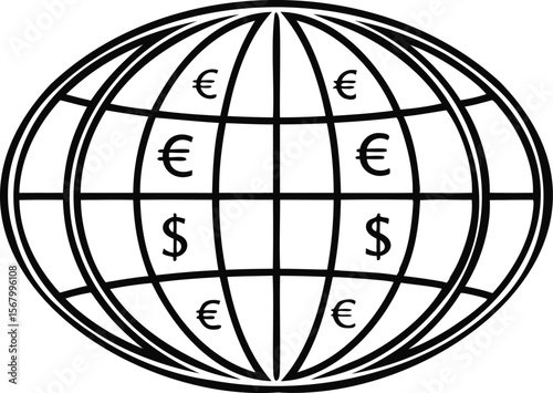 Globe showing Euro and dollar currency symbols world exchange market silhouette black vector illustration