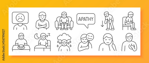 Depression and apathy set icon. Displays sad faces, crossed arms, seated postures, speech bubble with apathy, rainy cloud, masked expression, eating and sleeping disturbances, low energy, withdrawal