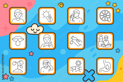 Dehydration set icon. Sweating man, sun and drop, drinking water, citrus slice, dry lips, chest heat, pouring bottle, yoga with bottle, wilted plant, dizziness, cracked soil, dry stomach