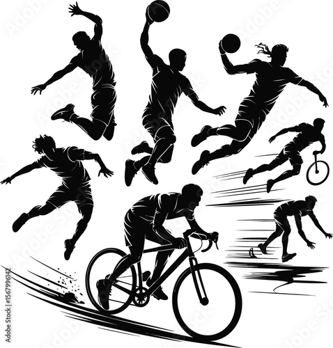 Basketball players and cyclists in action cycling athletes