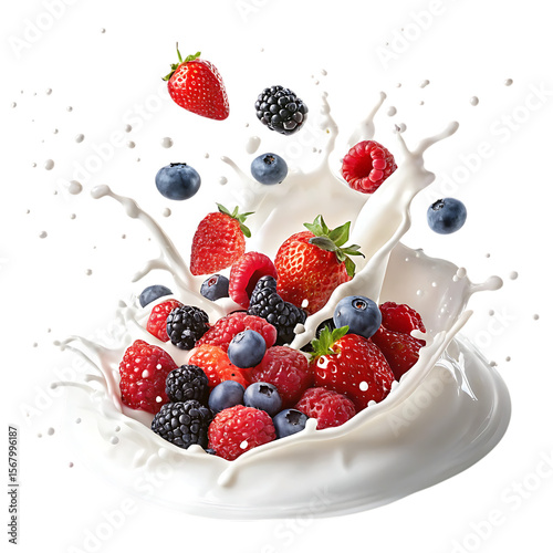 Assortment of fresh berries splashing into creamy milk isolated on transparent background