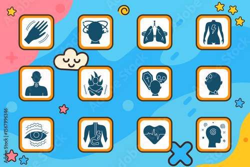 Health symptom set icon. Trembling hand, dizzy head, lung spasm, full body pain, throat issue, chills, death anxiety, sweating, eye twitch, stomach discomfort, heart problem, mental confusion