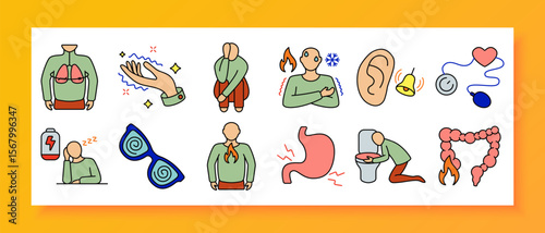 Colored symptom icon set. Depicts difficulty breathing, tingling hands, stomach reflux, vomiting, ear ringing, dizziness, fatigue, hot flashes, heart monitoring, colon pain, and visual disorientation.