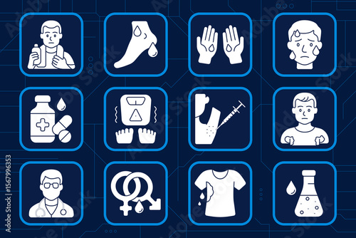 Sweating symptom set icon. Sweaty, wet foot, moist hands, nervous face, medicine, weight fluctuation, skin test, anxiety, doctor consultation, gender sign, wet shirt, sweat bottle, excessive sweating