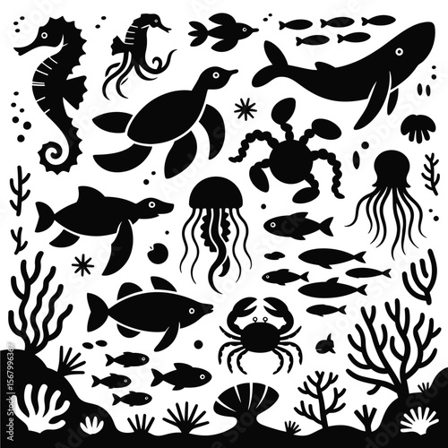 Black and white marine life silhouettes seahorse whale