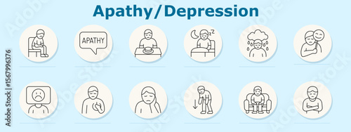 Apathy and depression set icon. Includes seated person, apathy bubble, empty plate, sleep, rainy cloud, mask, sad face, chest pain, hand on face, fatigue, sitting, arms crossed