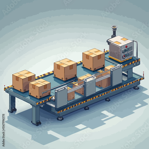 An isometric illustration of a mechanized conveyor belt system for transporting cardboard boxes.