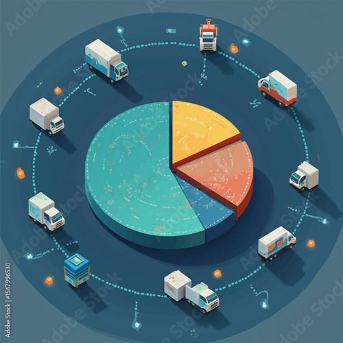 Isometric illustration of delivery trucks encircling a segmented pie chart, symbolizing logistics and distribution network efficiency.