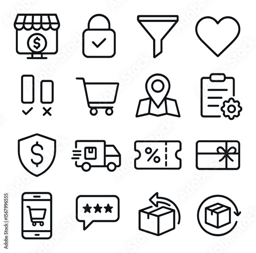 E-commerce and shopping icons collection, retail symbols. online store and purchase set