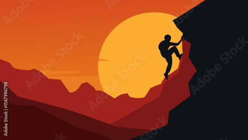 Dramatic Scene of a Rock Climber Silhouetted Against a Sunset Sky