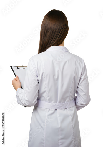 Rear view of a female doctor in a white lab coat holding a clipboard. Medical professional or scientist isolated on a transparent background.
