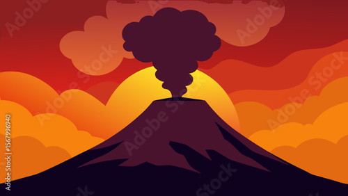 Dramatic View of a Volcano Silhouette Against a Powerful Fiery Sunset Sky