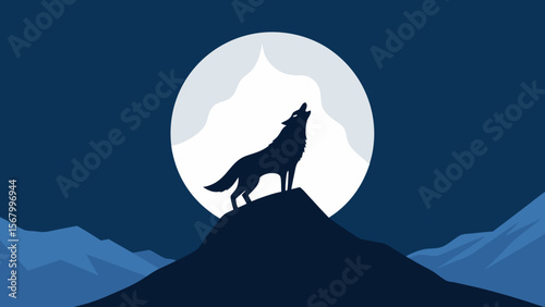 Dramatic Vector Illustration of a Lone Wolf Howling at a Bright Full Moon