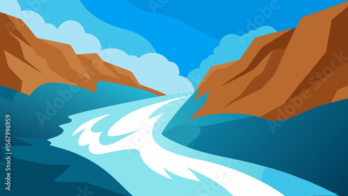 Dynamic Vector Illustration of Rushing River Rapids Through a Rugged Canyon