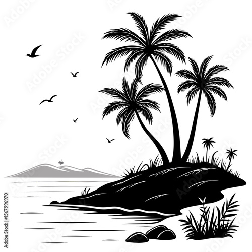 tropical island beach with palm trees silhouettes, detailed black and white illustration, minimalist landscape, serene tranquil scene, high contrast dramatic lighting, beautiful natural scenery
