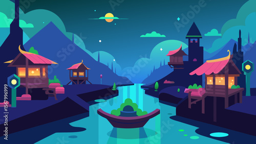 Vibrant Fantasy City Landscape with a Dynamic Floating Market Scene