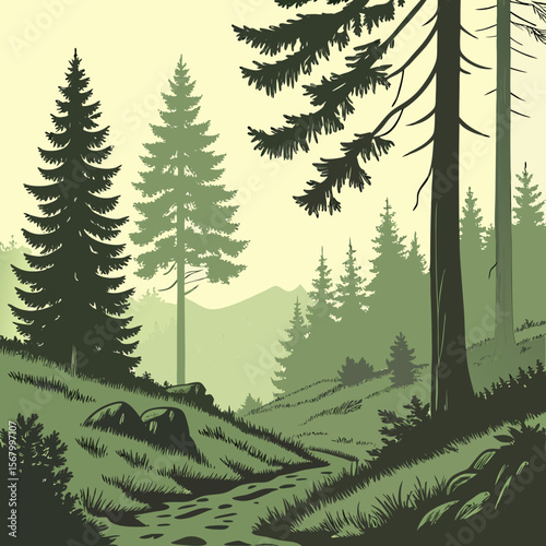 coniferous forest, dense pine trees, misty atmosphere, rolling hills, lush undergrowth, natural landscape, digital art, fantasy style
