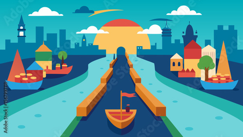 Fantasy Scene of a Floating Market on a River