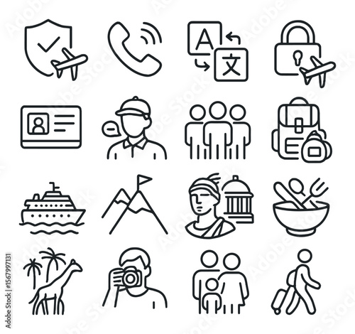 Travel and tourism icon collection, journey design symbols. adventure and vacation set